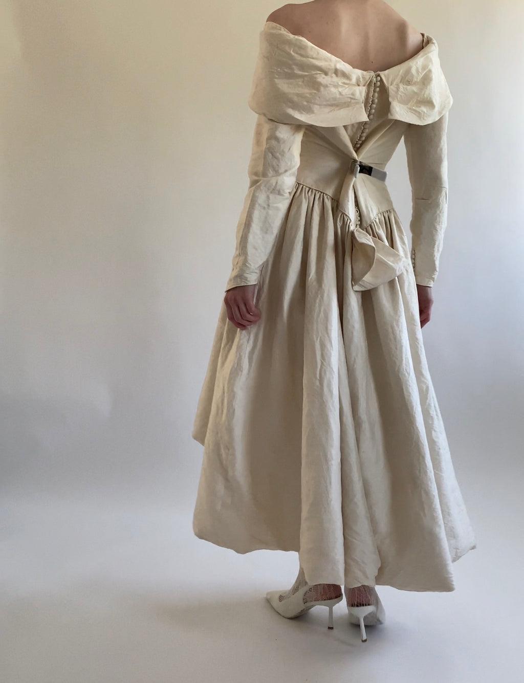 Vintage Silk Midi Off Shoulder Wedding Dress