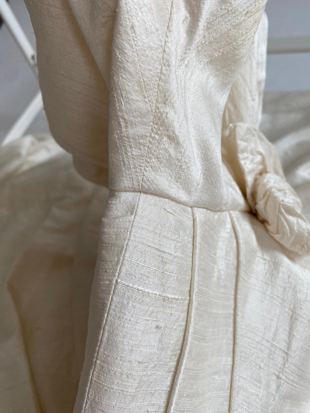 1980s Raw Silk Wedding Dress with Rosettes and Puff Sleeves