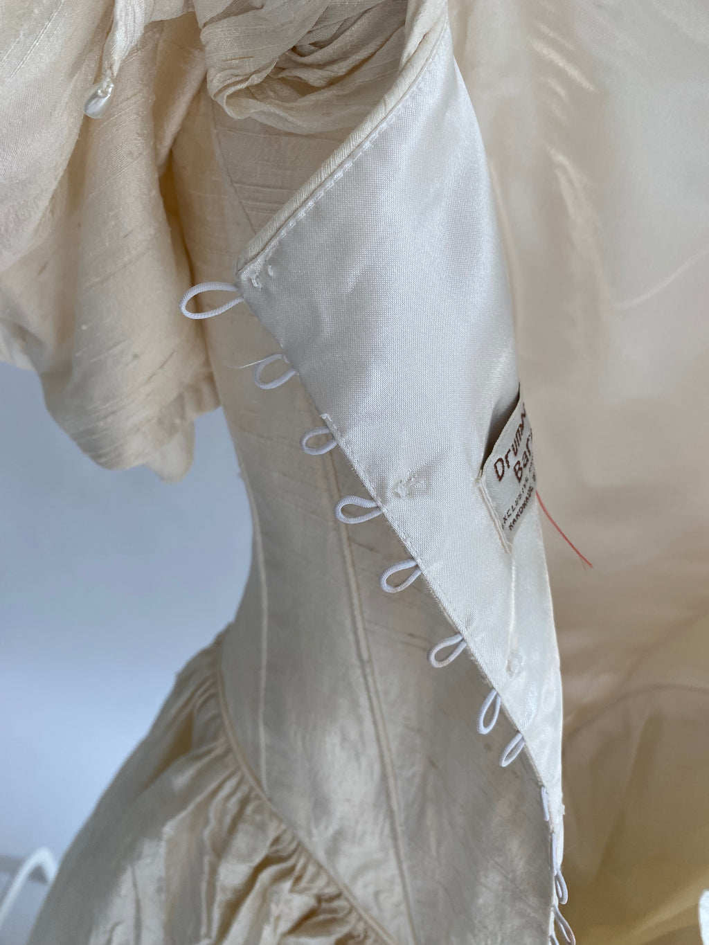 1980s Raw Silk Wedding Dress with Rosettes and Puff Sleeves