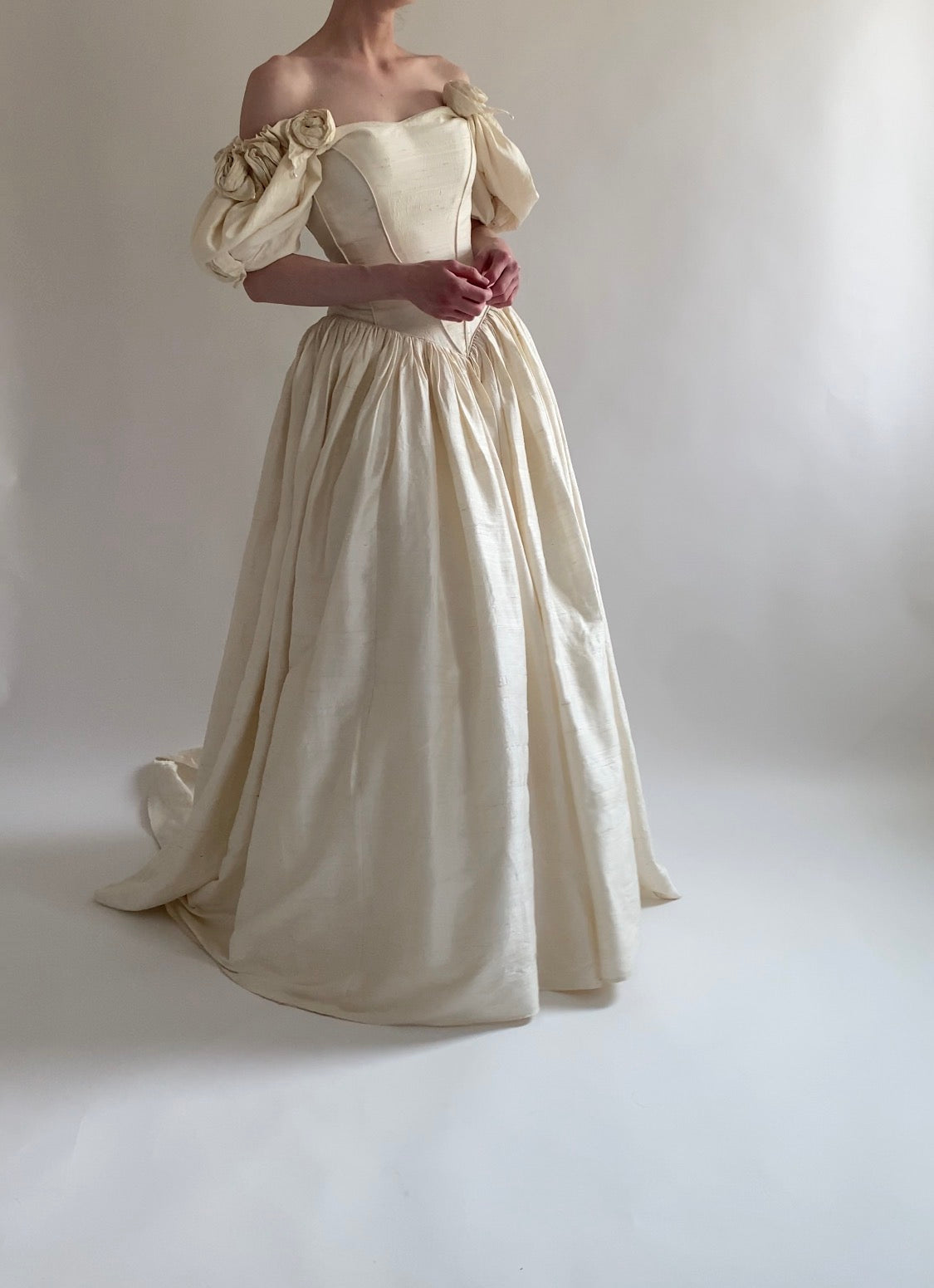 1980s Raw Silk Wedding Dress with Rosettes and Puff Sleeves
