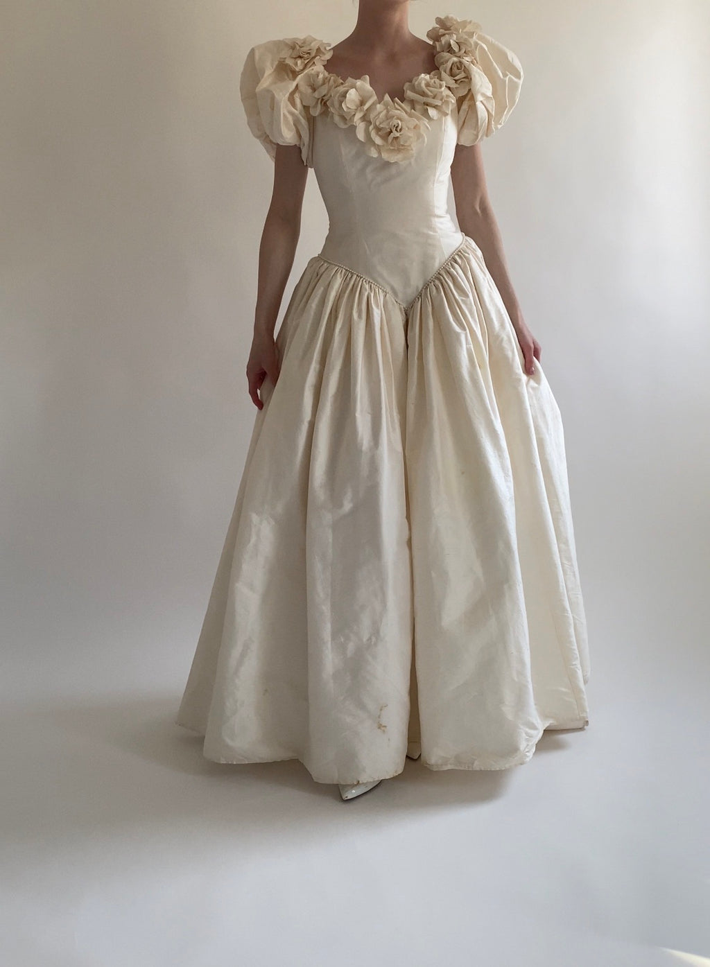 1980s Rose Trimmed Silk Wedding Dress