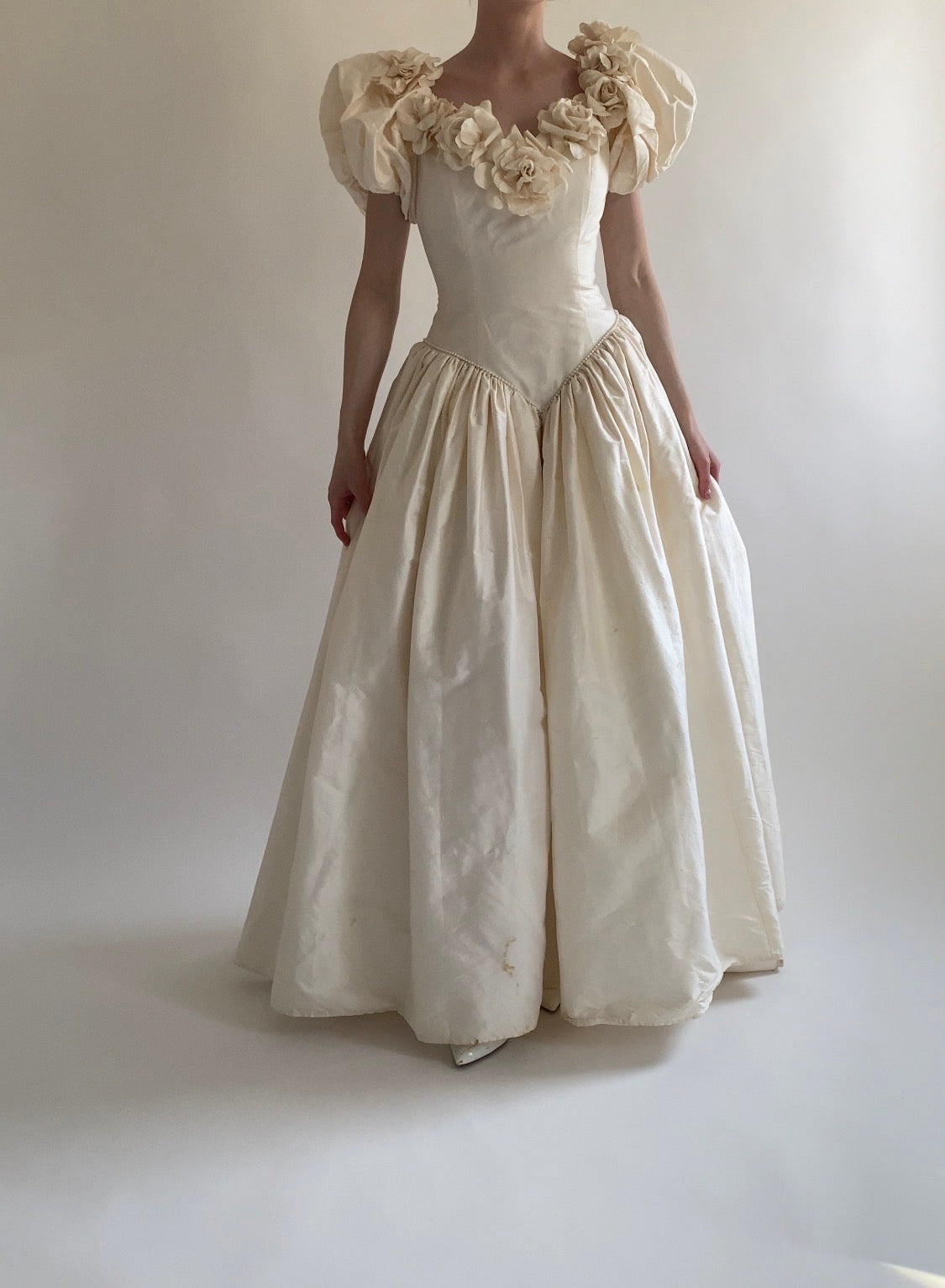 1980s Rose Trimmed Silk Wedding Dress