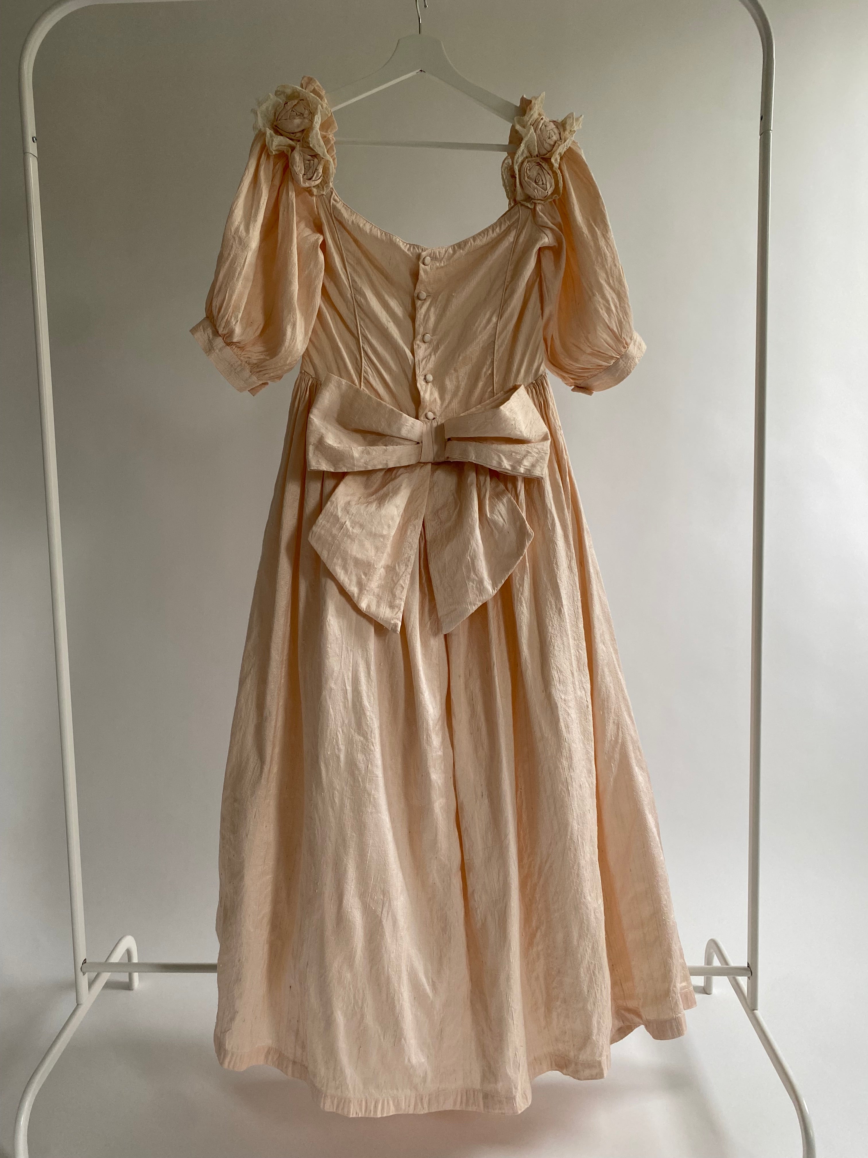 Vintage 1980s Raw Silk Midi Wedding Dress with Off Shoulder Sleeves
