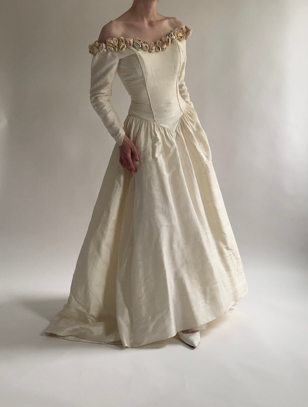 Vintage Rosette Off Shoulder Raw Silk Wedding Dress