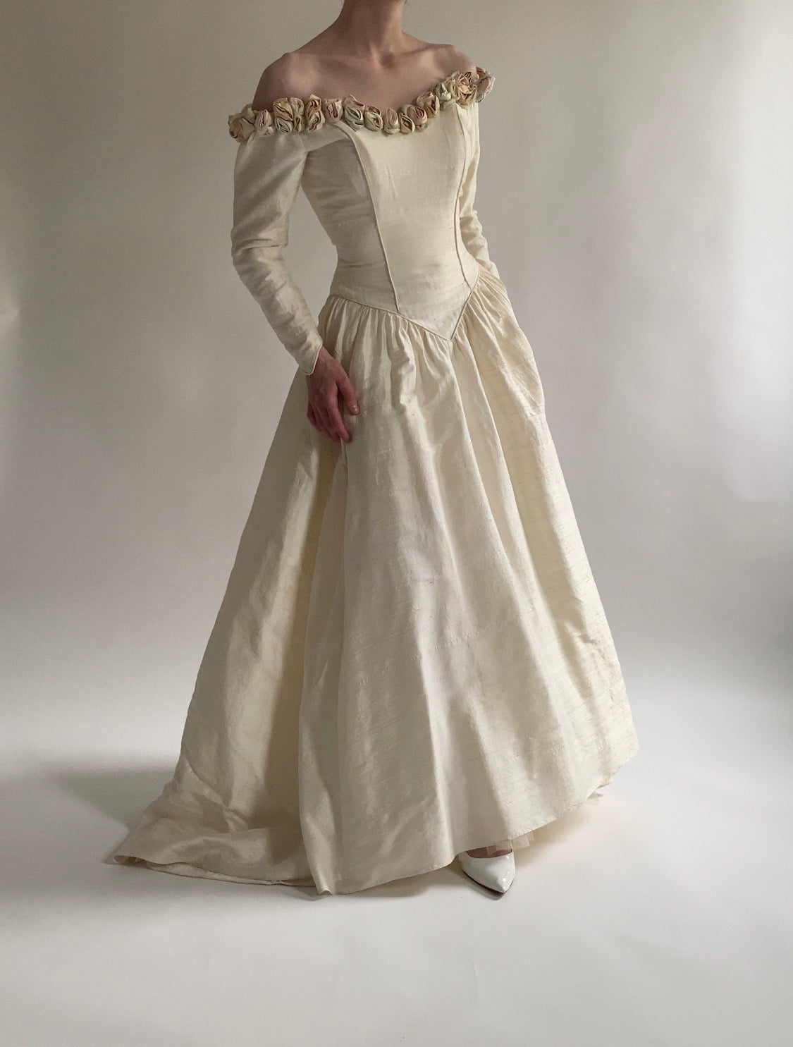 Vintage Rosette Off Shoulder Raw Silk Wedding Dress