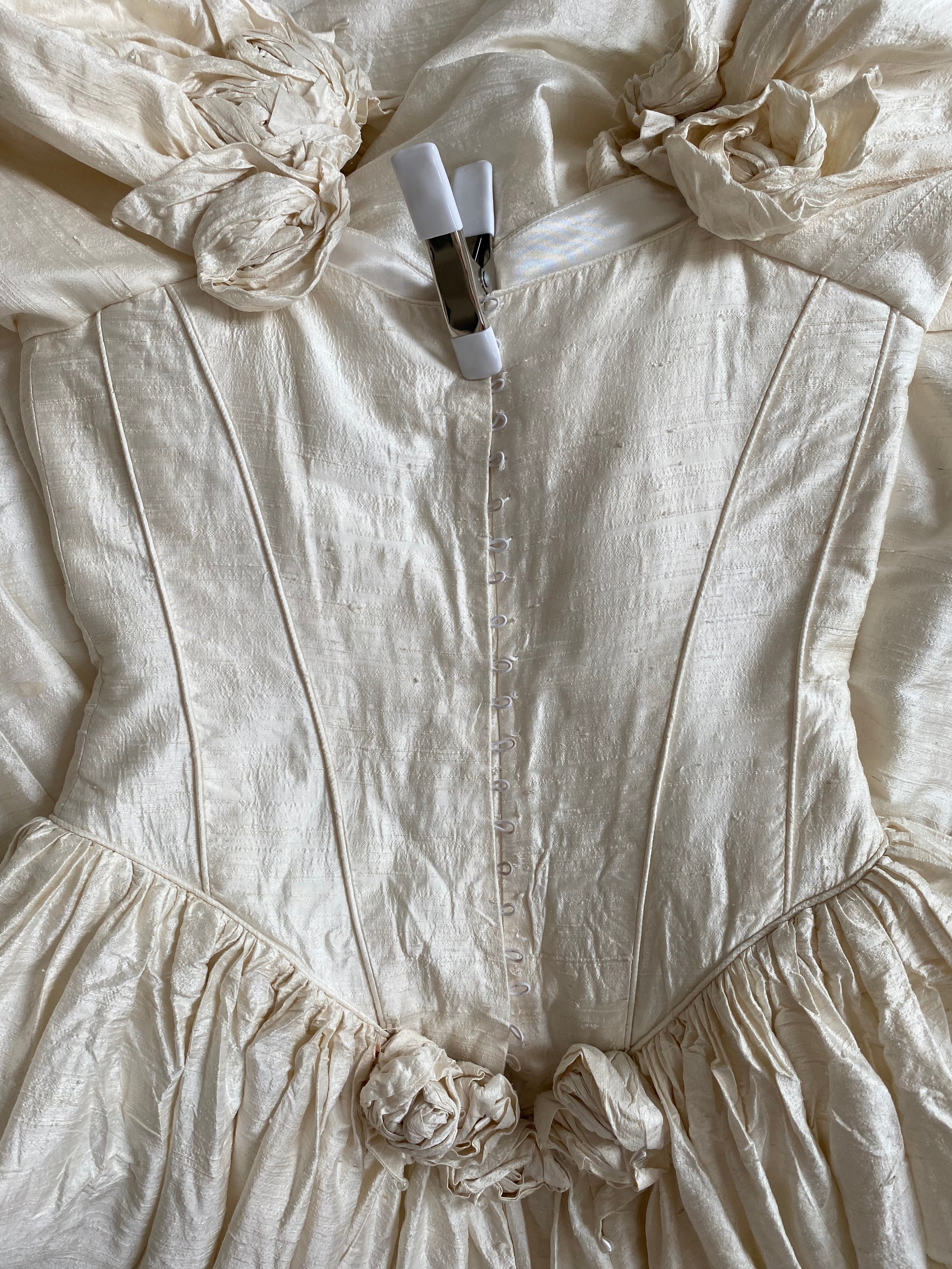 1980s Raw Silk Wedding Dress with Rosettes and Puff Sleeves