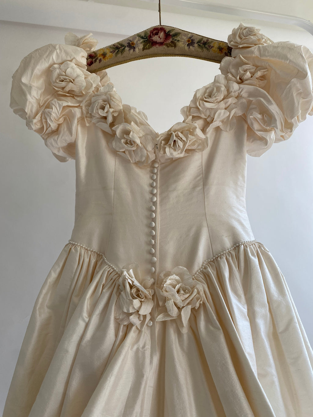 1980s Rose Trimmed Silk Wedding Dress