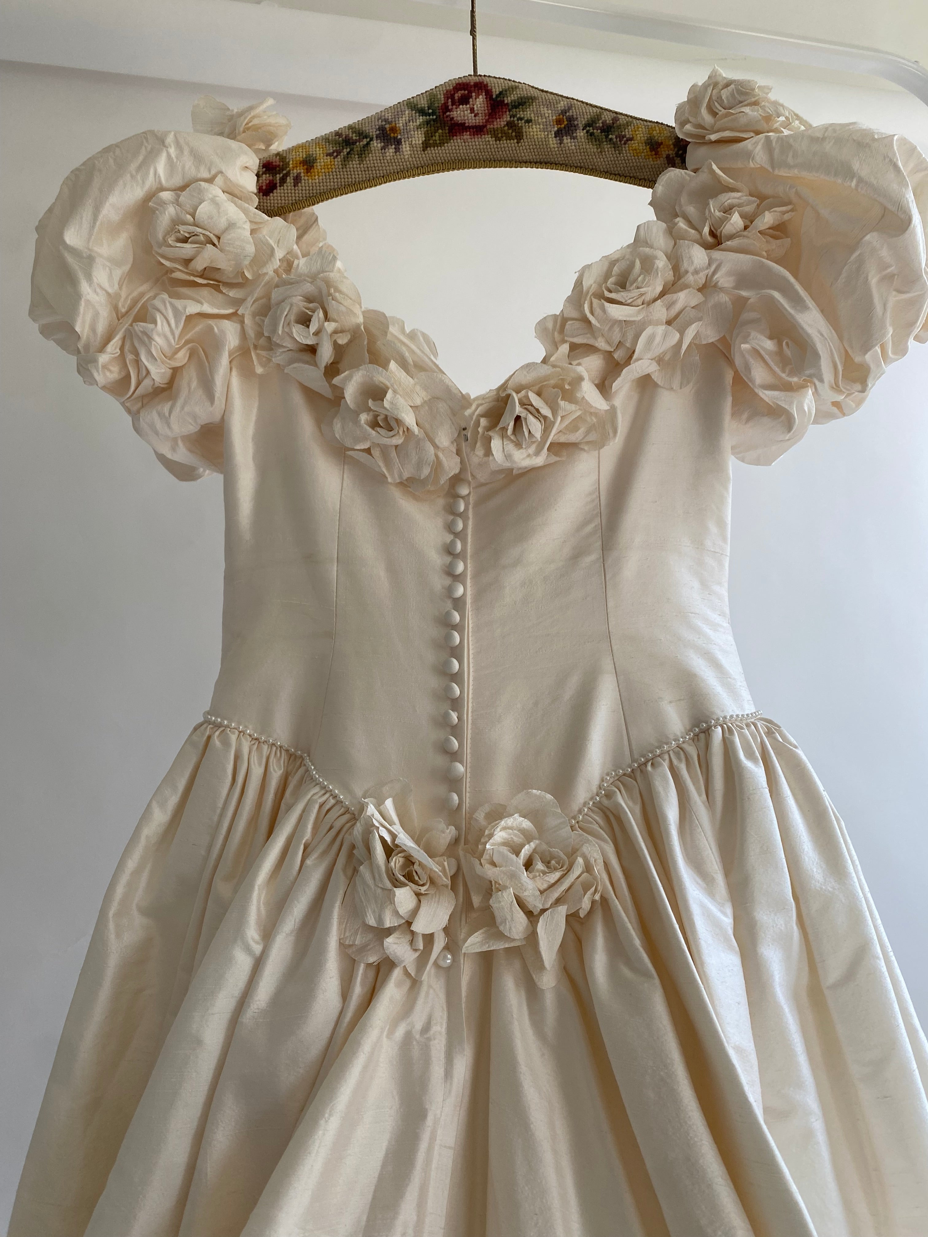 1980s Rose Trimmed Silk Wedding Dress