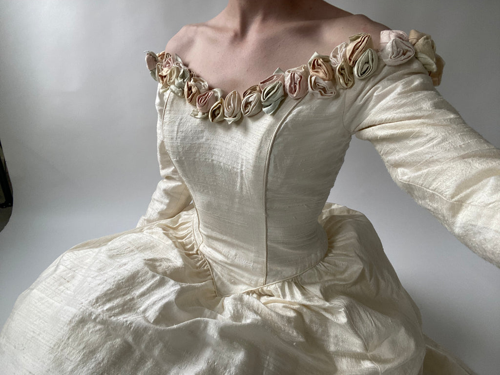 Vintage Rosette Off Shoulder Raw Silk Wedding Dress