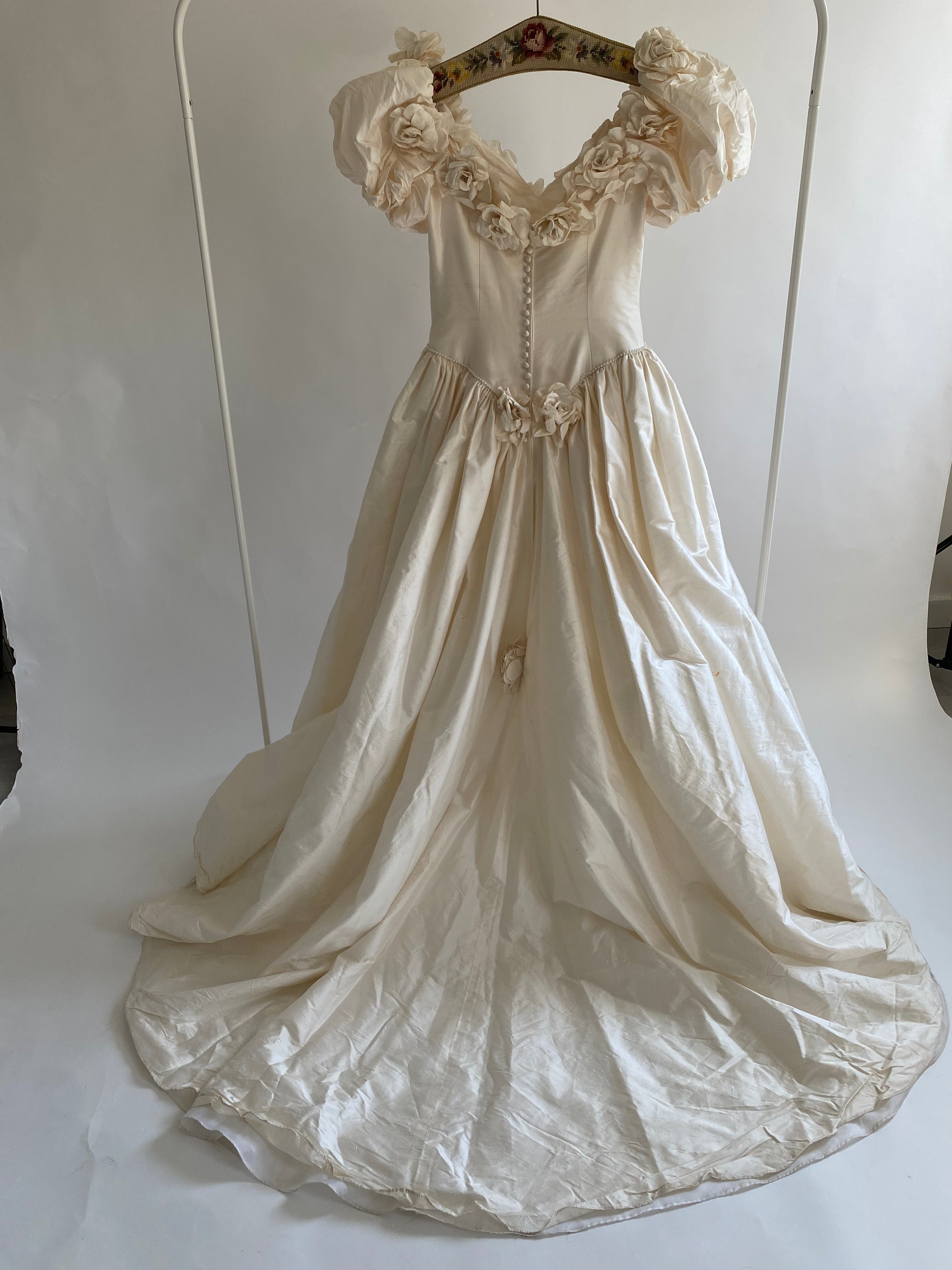 1980s Rose Trimmed Silk Wedding Dress