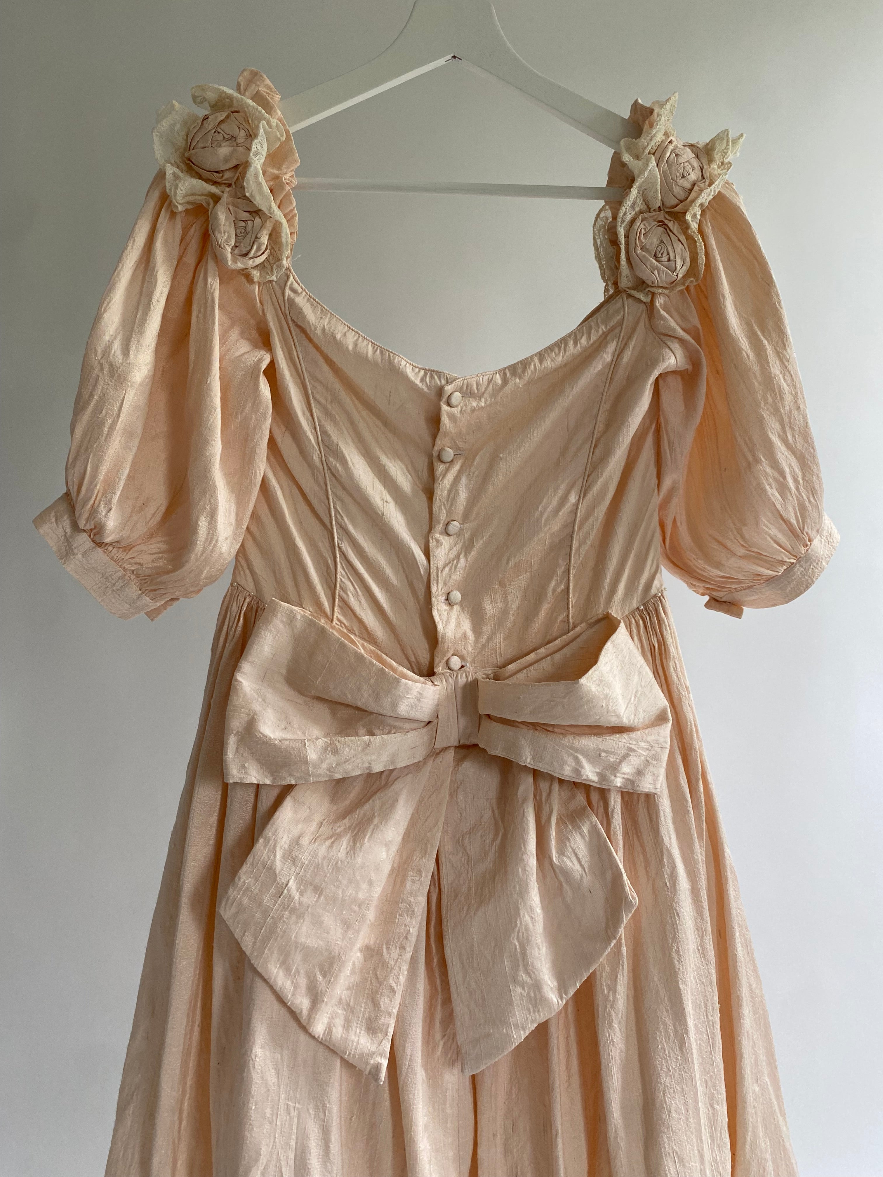 Vintage 1980s Raw Silk Midi Wedding Dress with Off Shoulder Sleeves