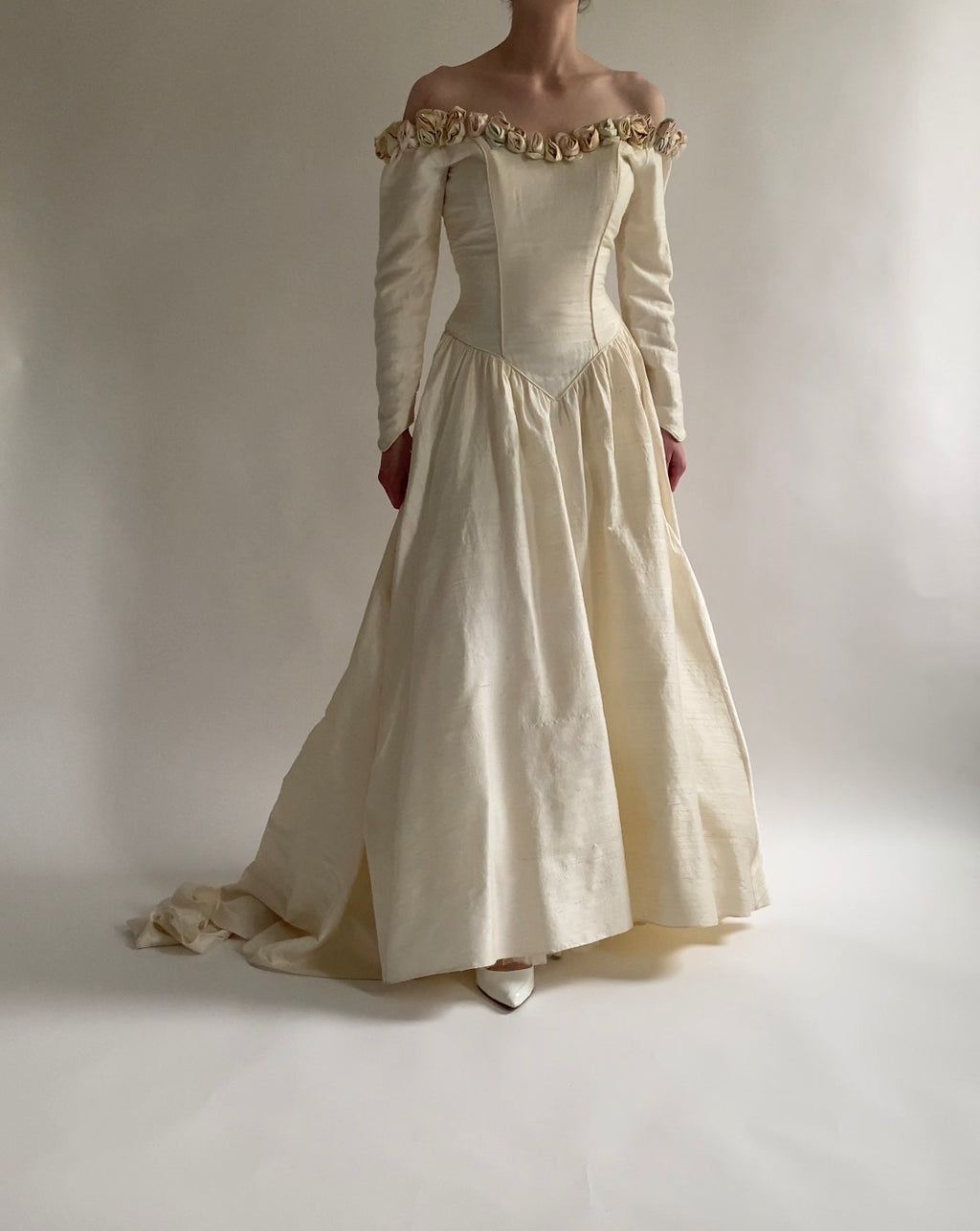Vintage Rosette Off Shoulder Raw Silk Wedding Dress