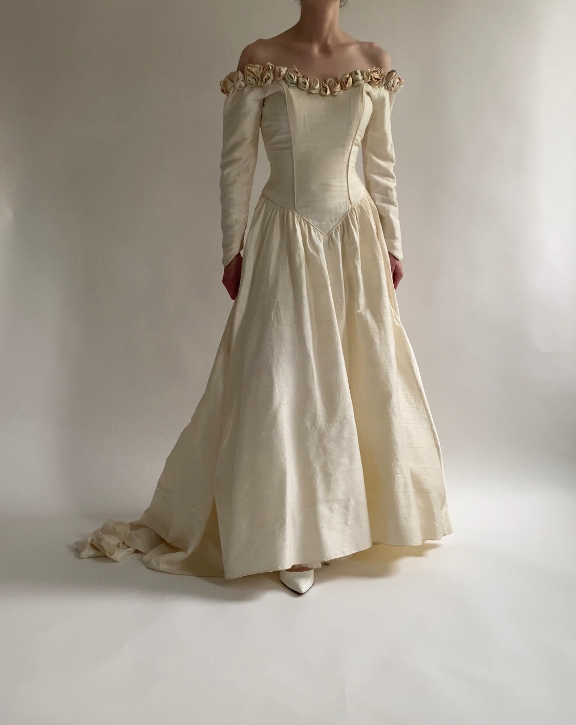 Vintage Rosette Off Shoulder Raw Silk Wedding Dress