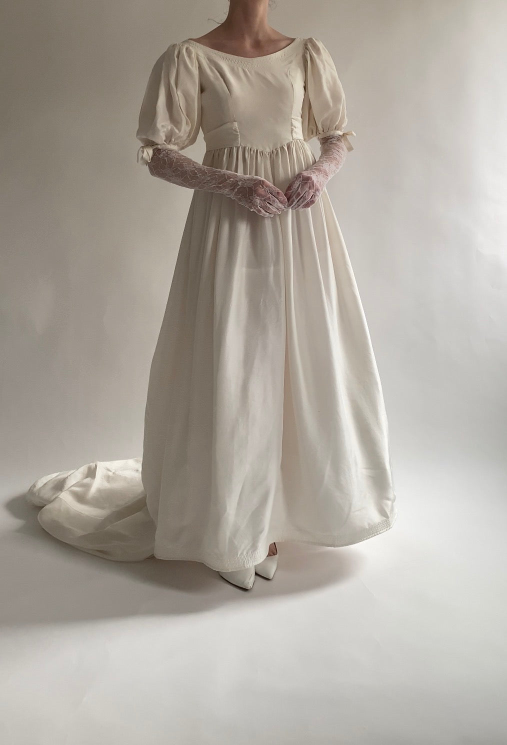 Vintage Silk 1980s Wedding Dress with Puff Sleeves