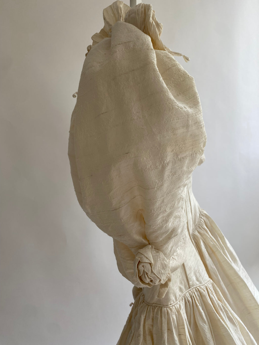 1980s Raw Silk Wedding Dress with Rosettes and Puff Sleeves
