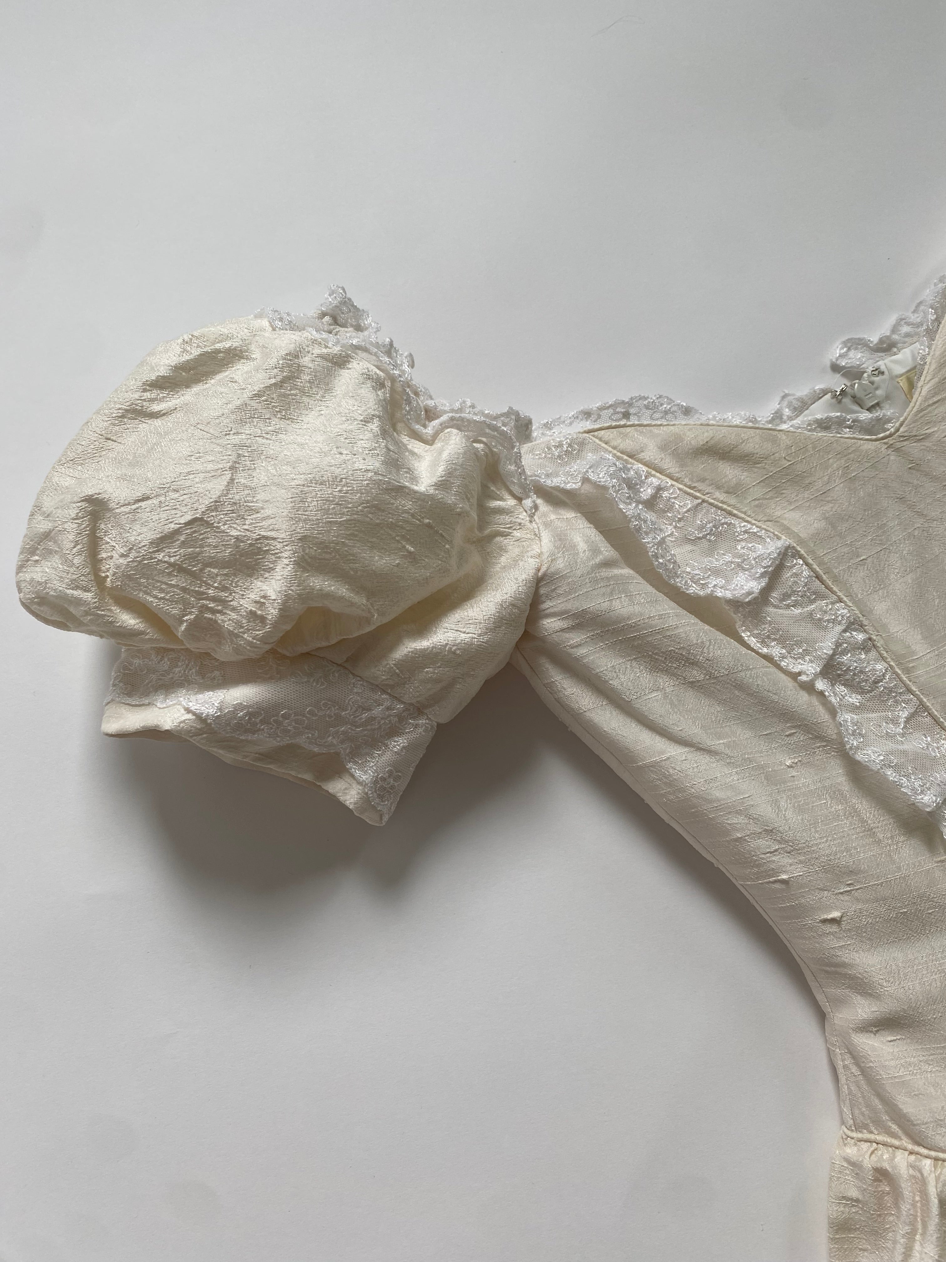 Vintage 90s Raw Silk Puff Sleeve Wedding Dress with Lace Accented Basque Bodice