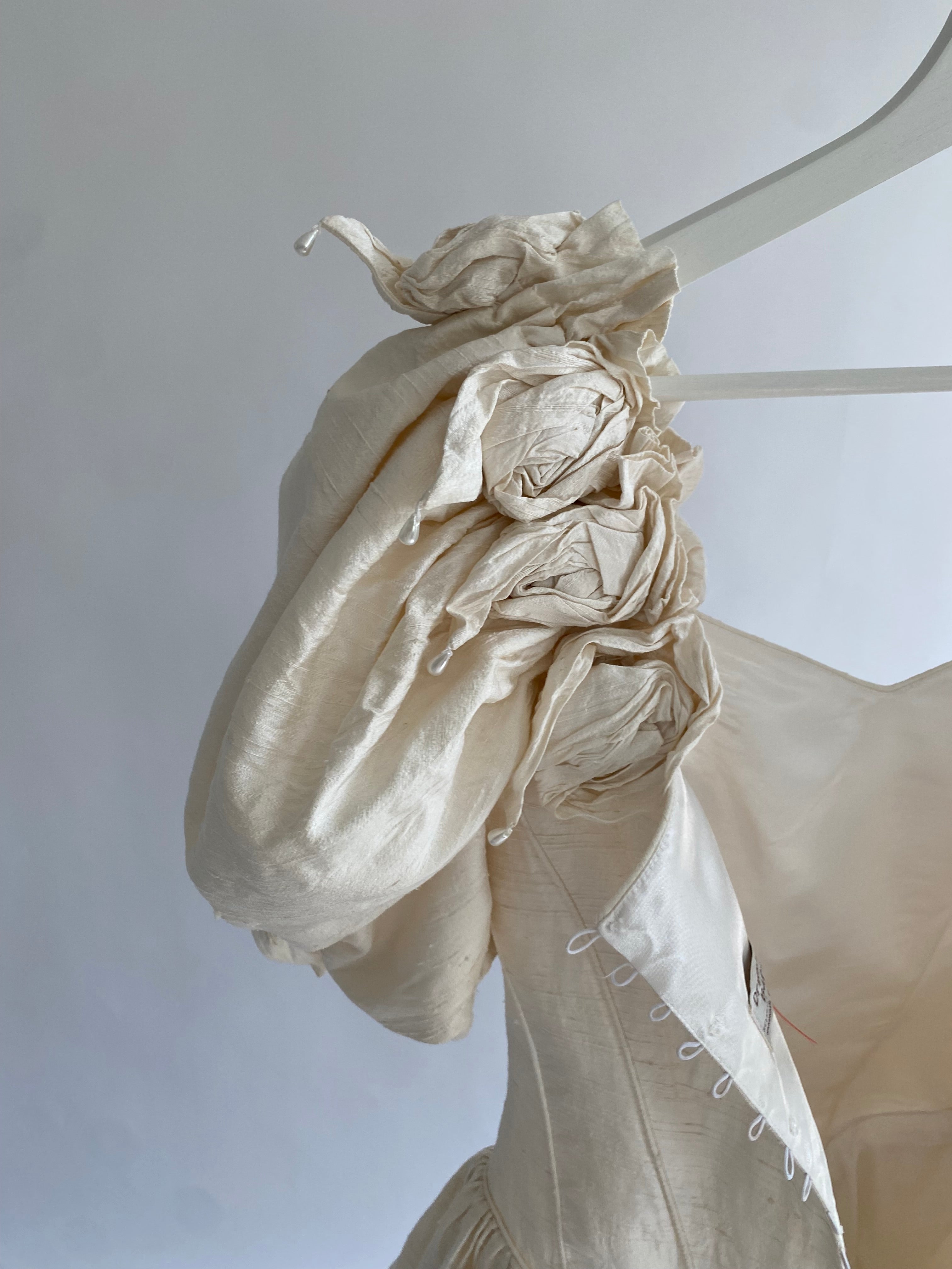 1980s Raw Silk Wedding Dress with Rosettes and Puff Sleeves