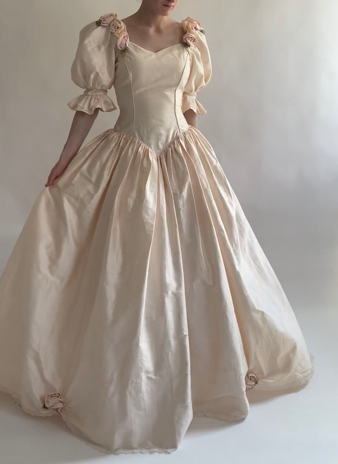 1980s Raw Silk Rosette Wedding Gown