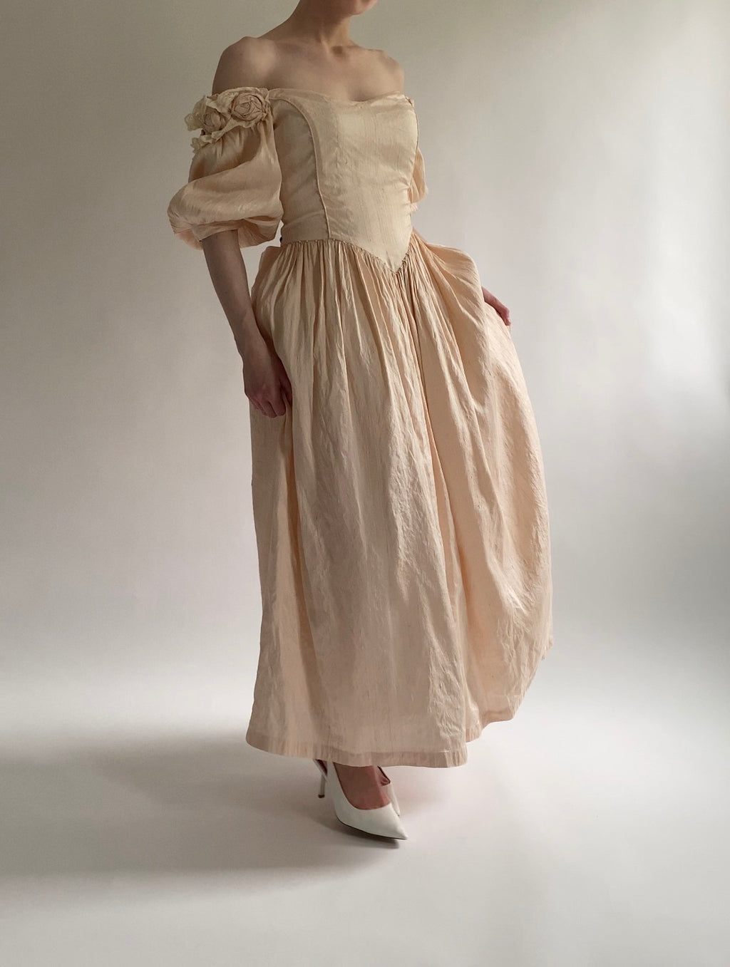 Vintage 1980s Raw Silk Midi Wedding Dress with Off Shoulder Sleeves