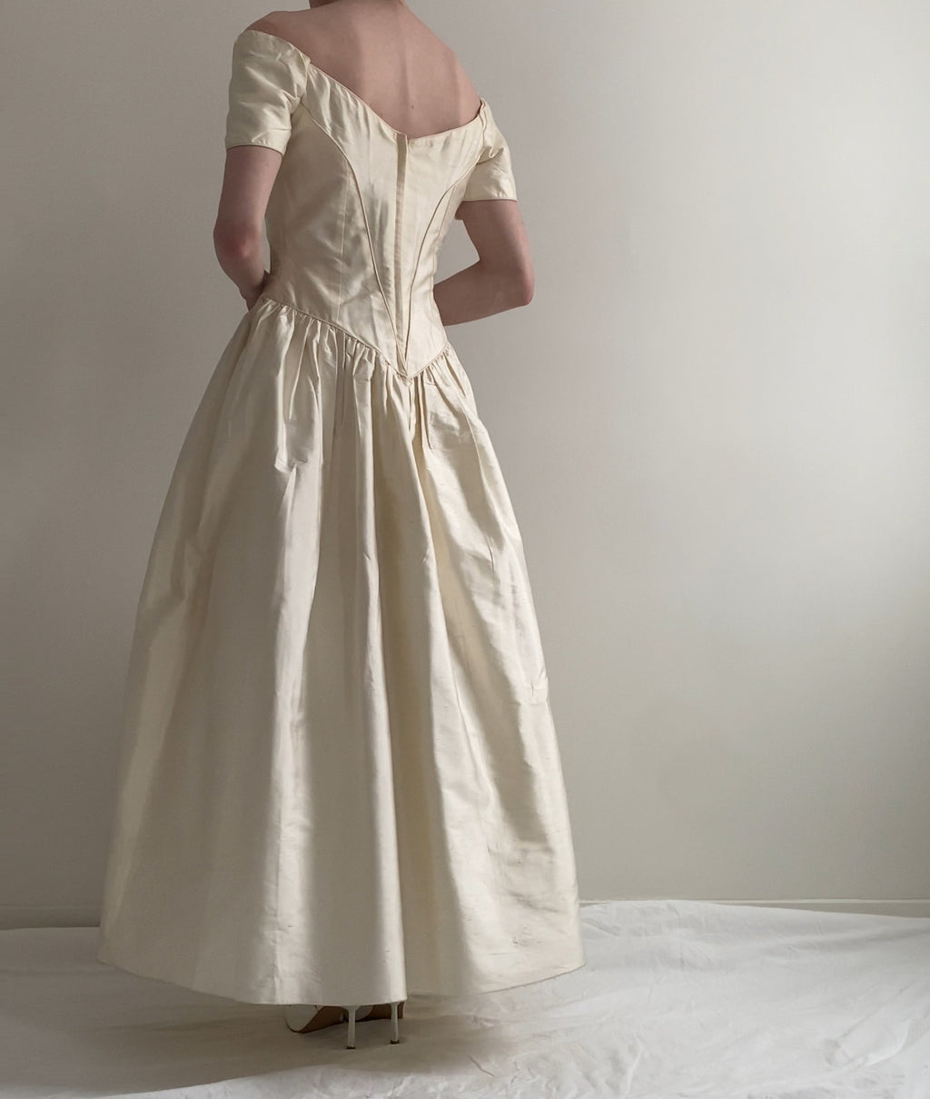 Vintage 90s Silk Off Shoulder Wedding Dress