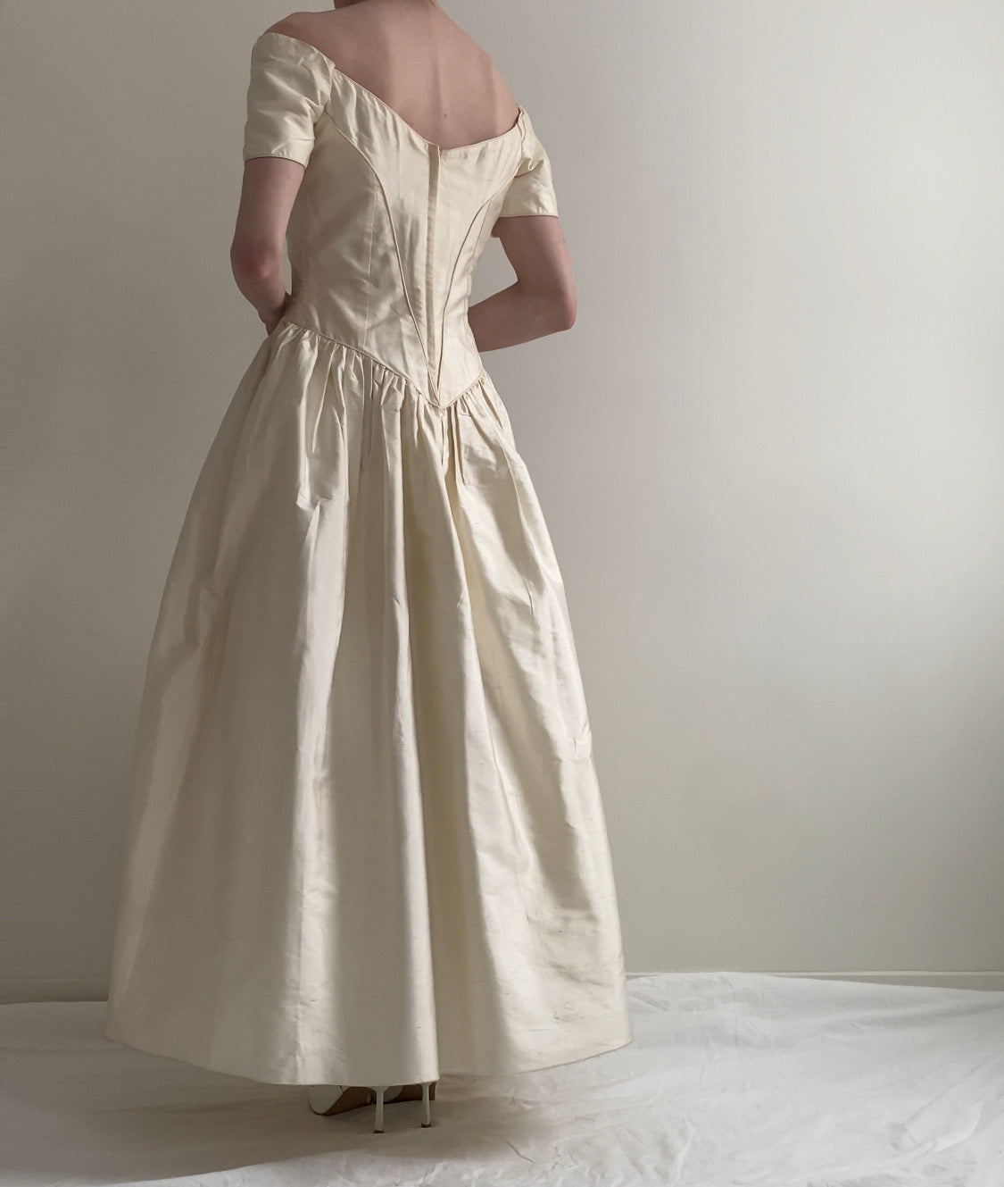 Vintage 90s Silk Off Shoulder Wedding Dress
