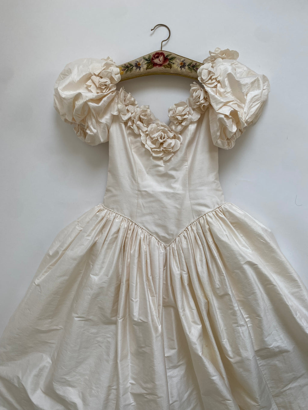 1980s Rose Trimmed Silk Wedding Dress