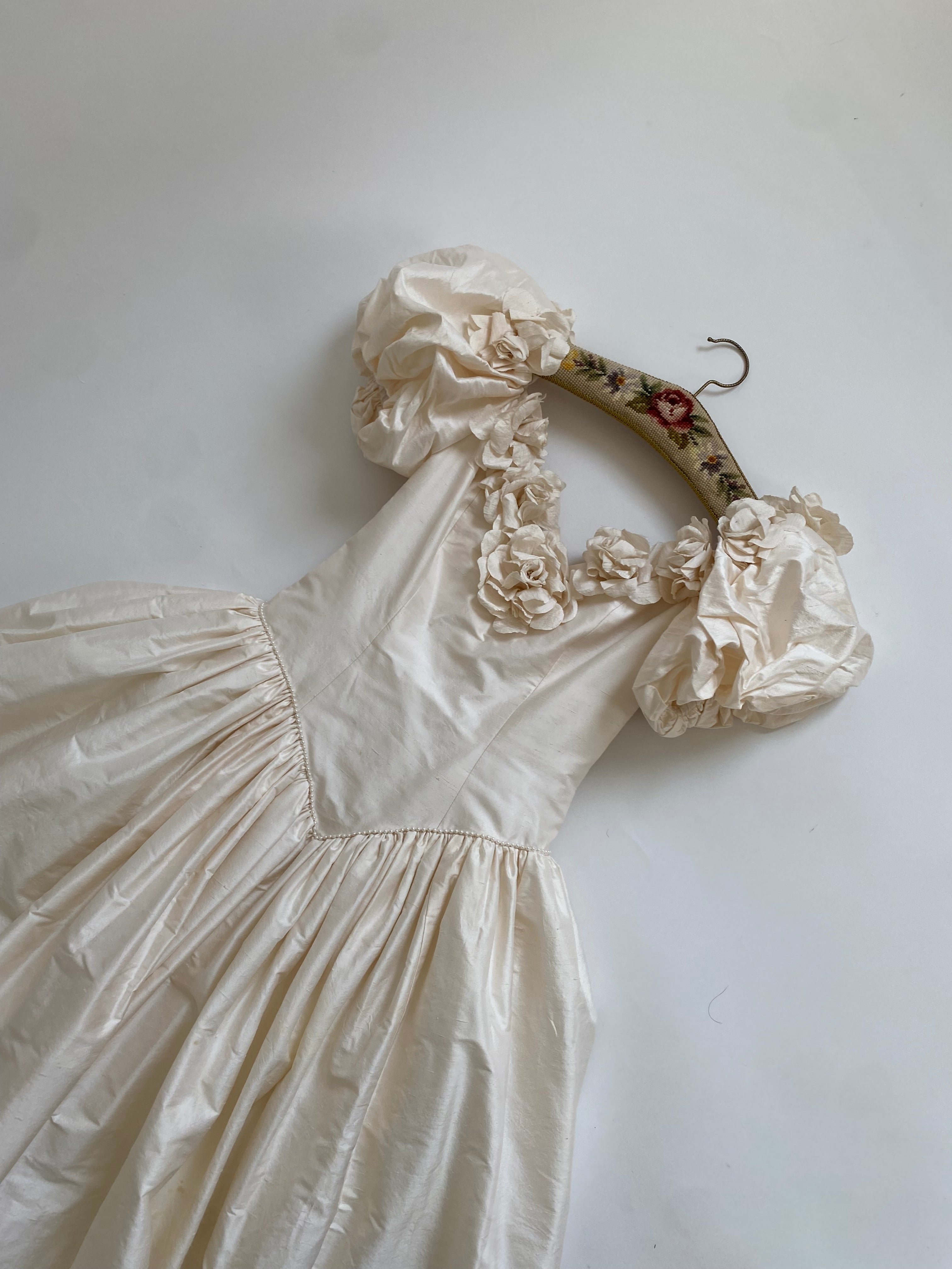 1980s Rose Trimmed Silk Wedding Dress