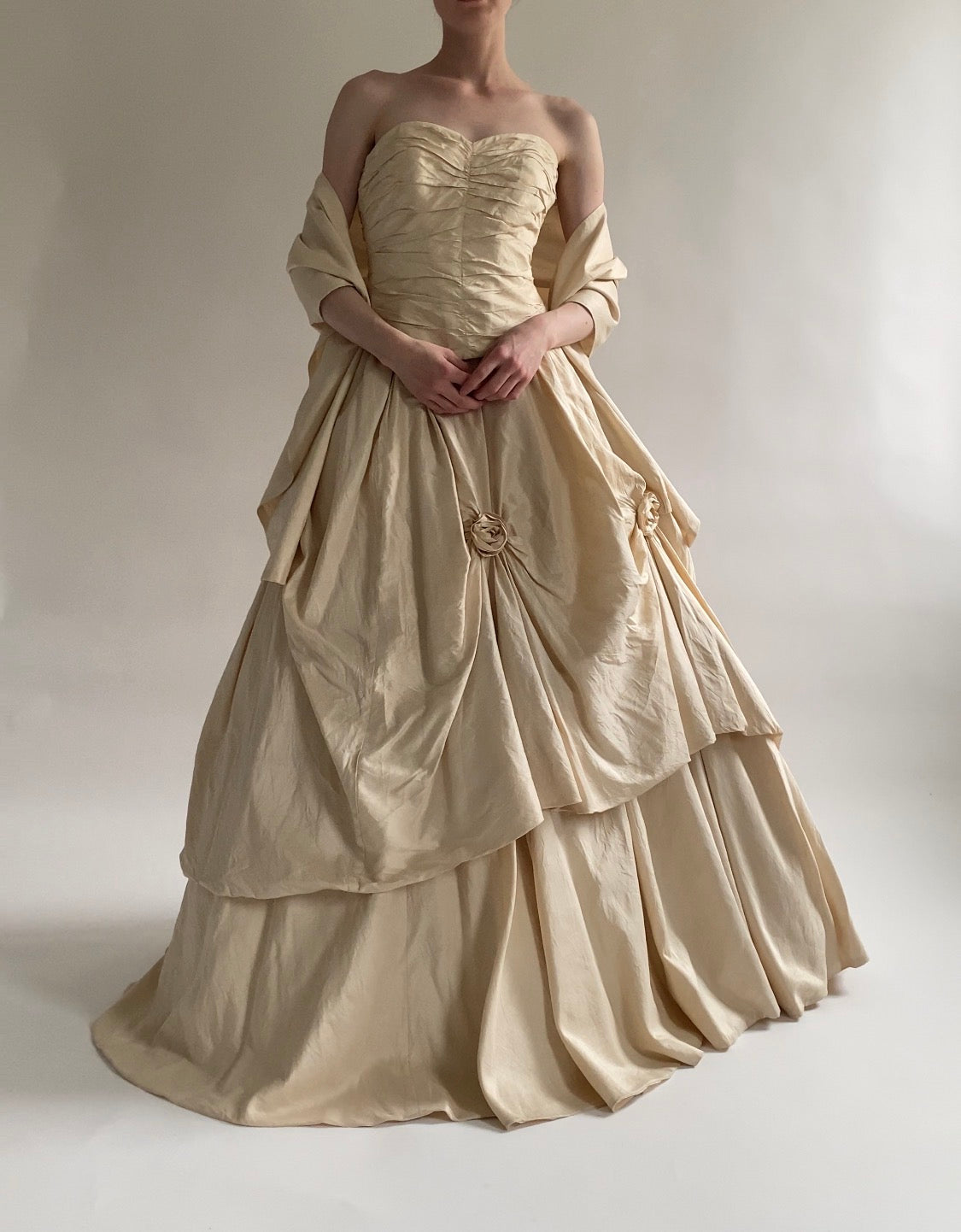 90s Silk 3-piece Wedding Dress Set Corset and Skirt with Rosettes