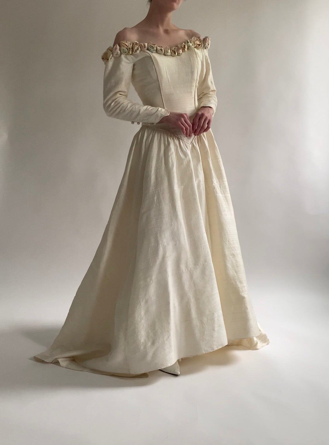 Vintage Rosette Off Shoulder Raw Silk Wedding Dress