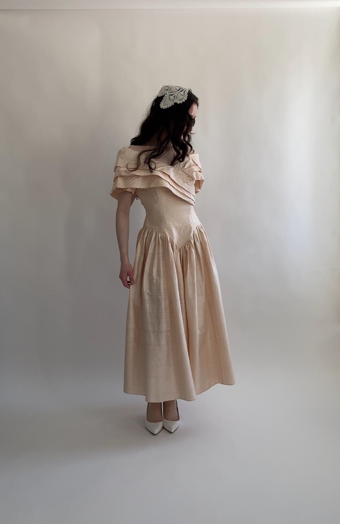 1980s Peach Raw Silk Midi Wedding Gown