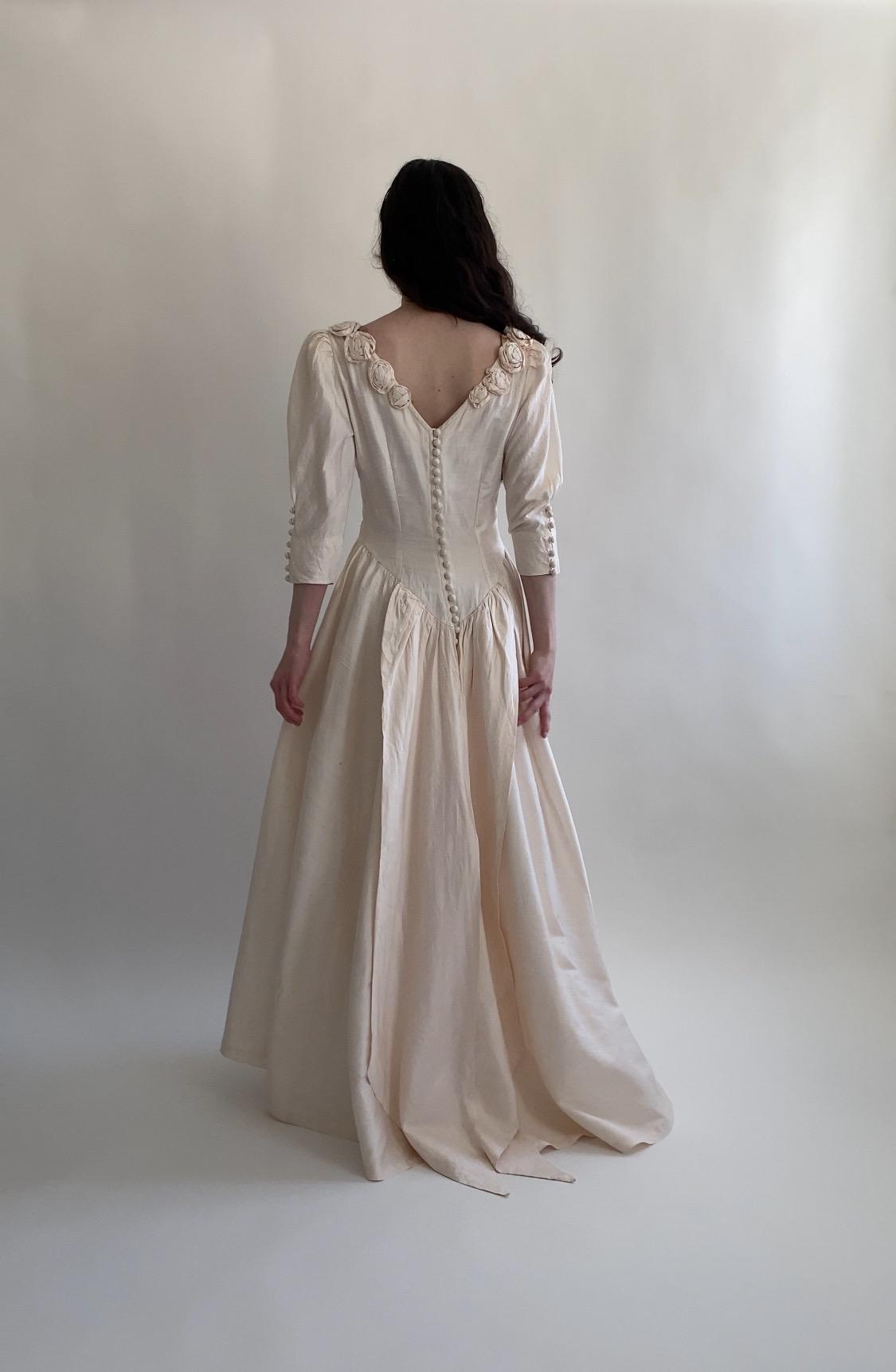 1990s Rosette Raw Silk Wedding Gown