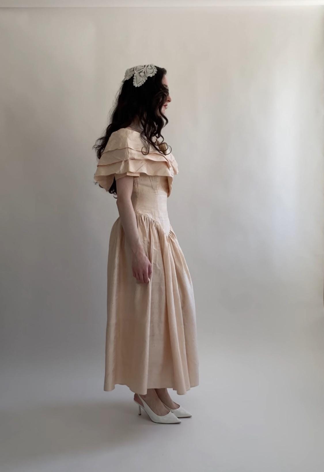 1980s Peach Raw Silk Midi Wedding Gown
