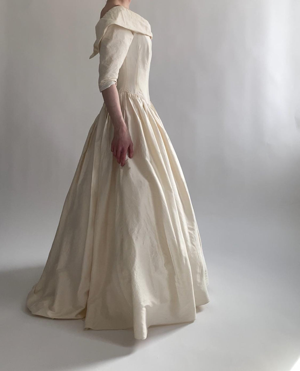 90s Raw Silk Off Shoulder Wedding Gown