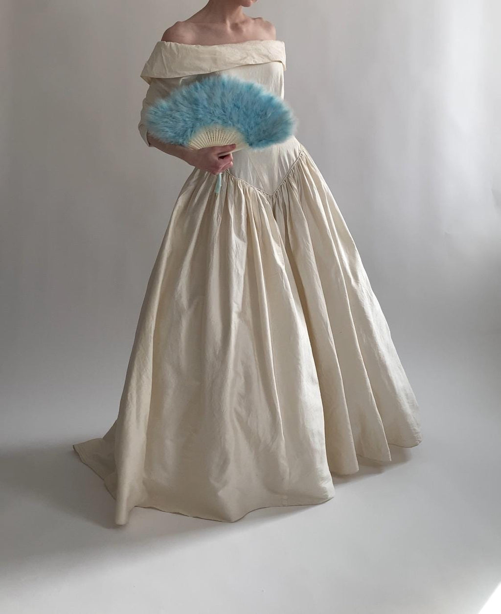 90s Raw Silk Off Shoulder Wedding Gown