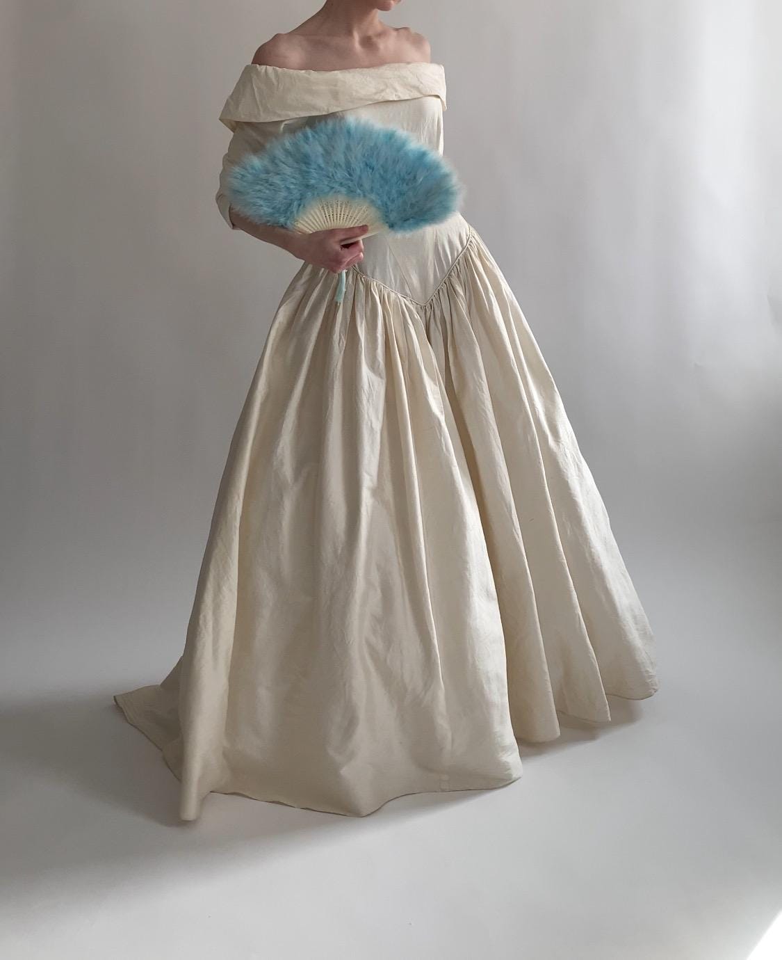90s Raw Silk Off Shoulder Wedding Gown