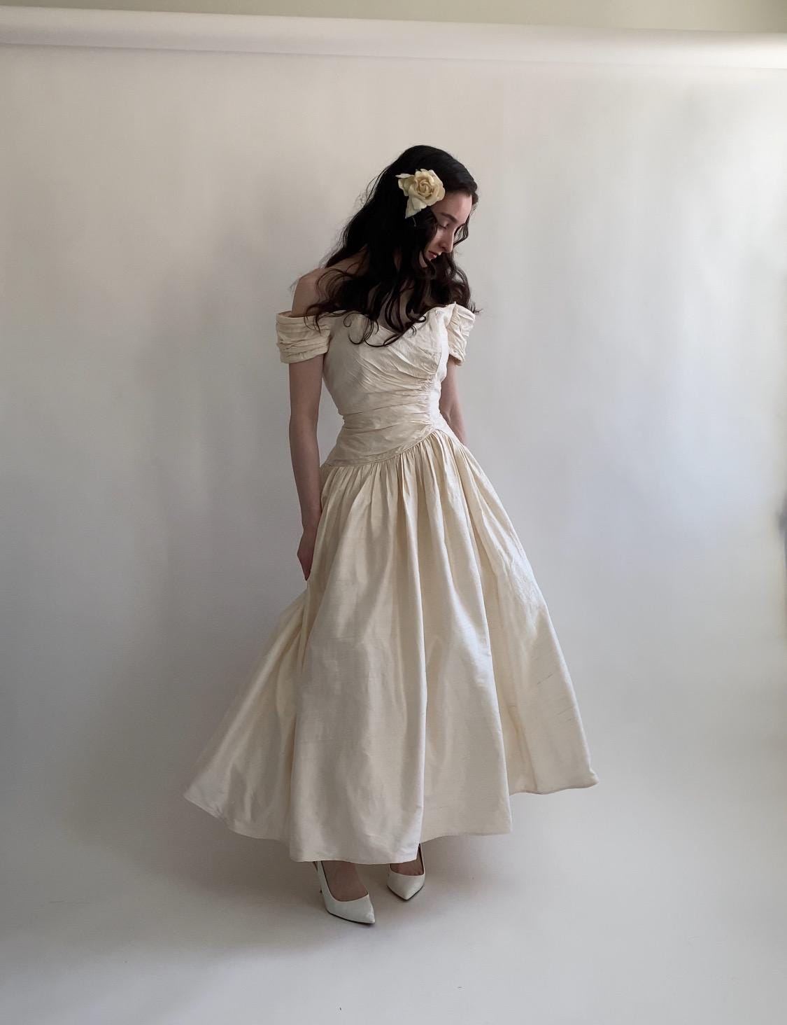 Vintage Raw Silk 1980s Tea Length Wedding Dress – Dupioni Vintage