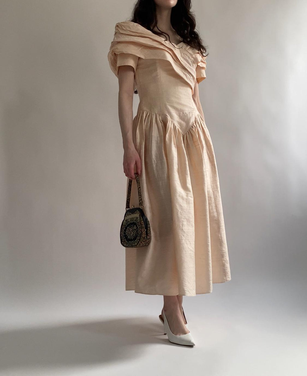 1980s Peach Raw Silk Midi Wedding Gown